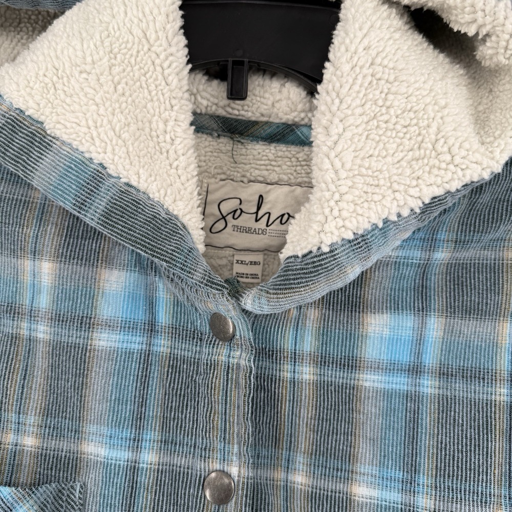 Soho Threads Womens Blue Plaid Corduroy Flannel Sherpa Lined Hooded Shacket XXL - Picture 2 of 10